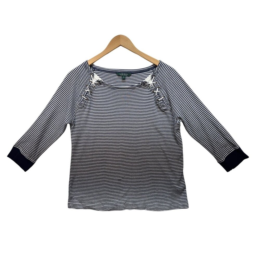 Lauren Ralph Lauren Womens Blouse Size XL Black White Stripe Lace-Up Neck Casual